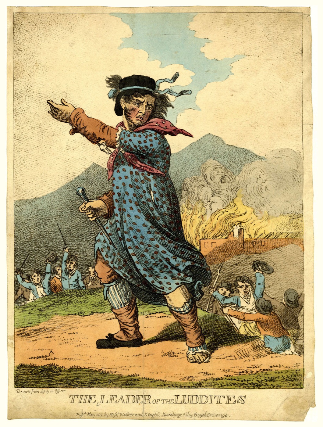 An 1812 hand-coloured etching of a man in a polka-dot dress and military boots striding forward, with figures smashing machinery and a building on fire behind him.
