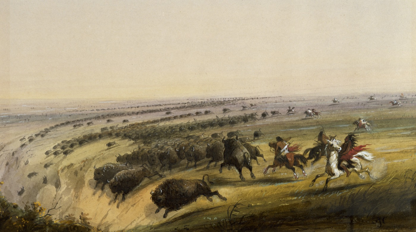 A 19th-century watercolor of mounted Plains hunters with bows chasing a large herd of bison across open grassland.