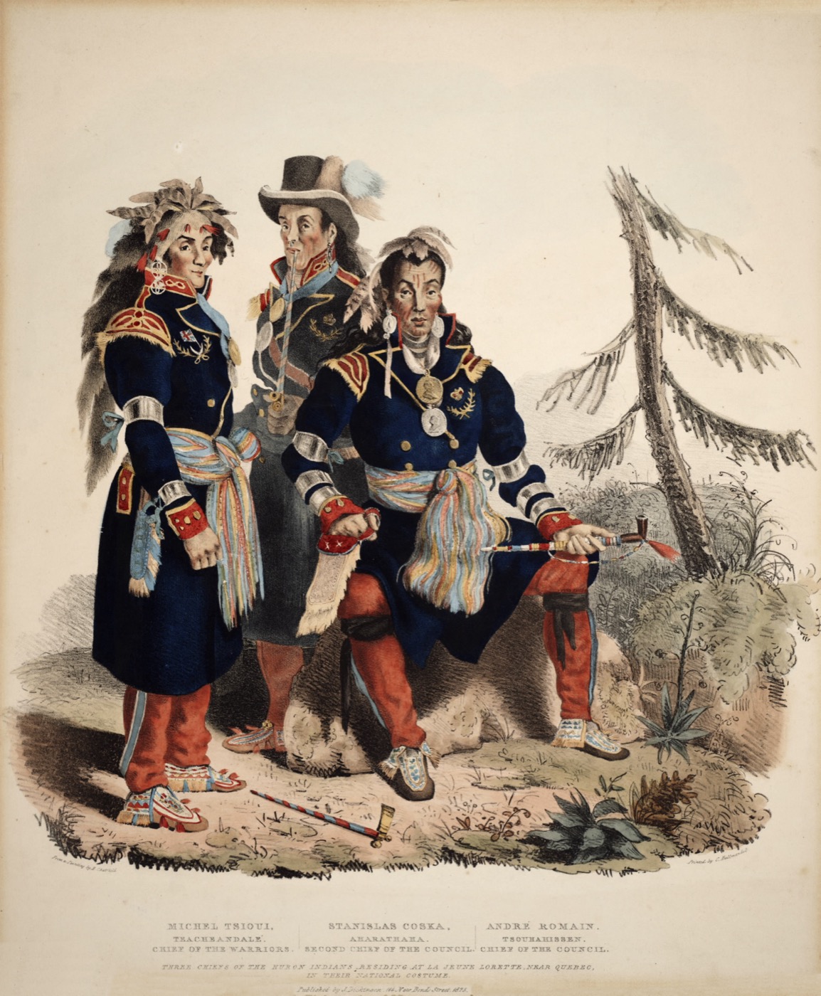 An early-19th-century hand-coloured print of three Huron-Wendat chiefs in blue military coats, sashes, and beaded moccasins, one seated holding a pipe-tomahawk.